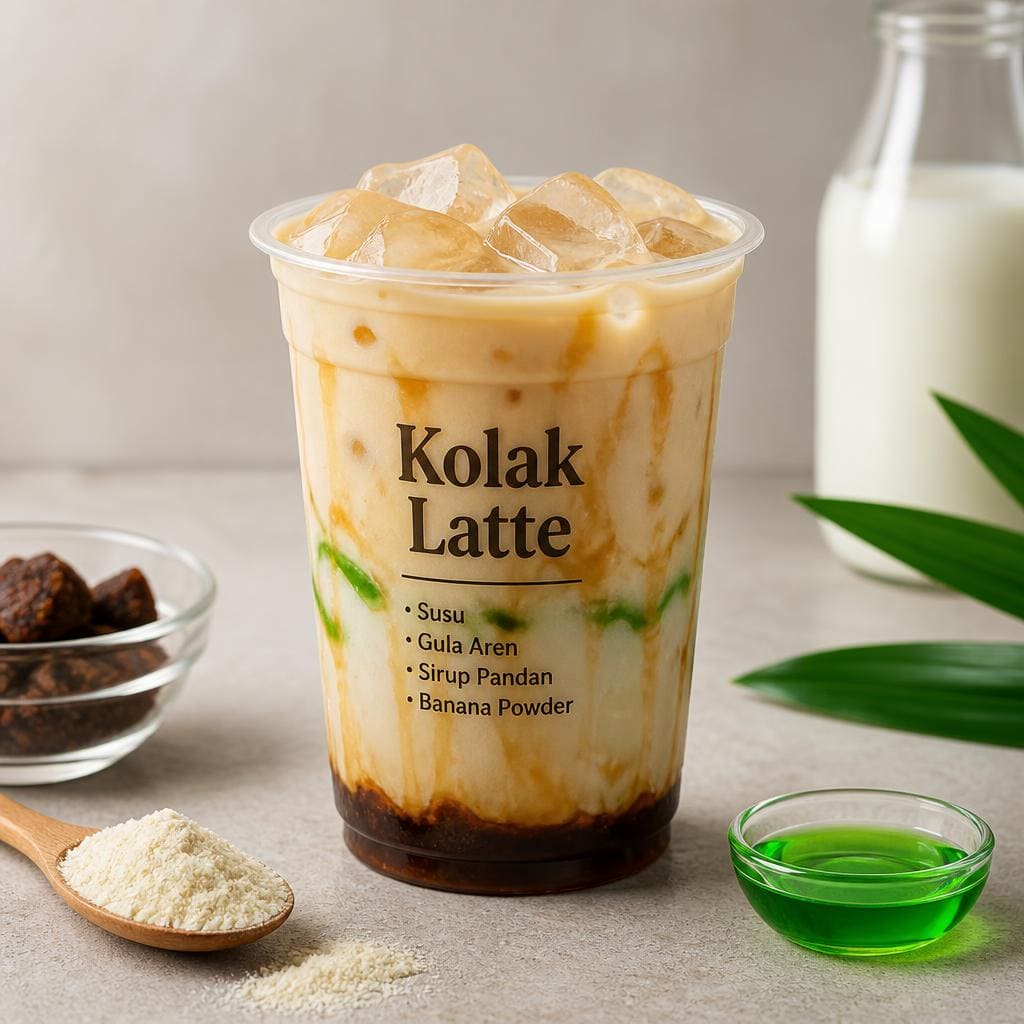 Kolak Latte Kopi Ruang Hati dengan susu gula aren sirup pandan dan banana powder